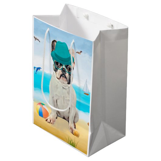 Franse Bulldog op Beach Medium Cadeauzakje (Voorkant Gekanteld)