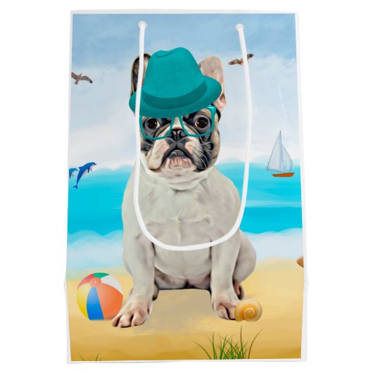 Franse Bulldog op Beach Medium Cadeauzakje (Achterkant)