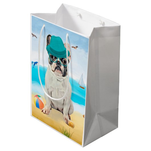 Franse Bulldog op Beach Medium Cadeauzakje (Achterkant Gekanteld)