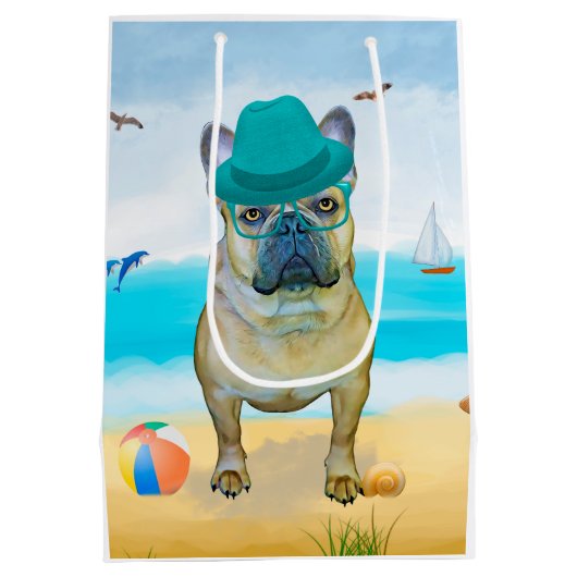 Franse Bulldog op Beach Medium Cadeauzakje (Achterkant)