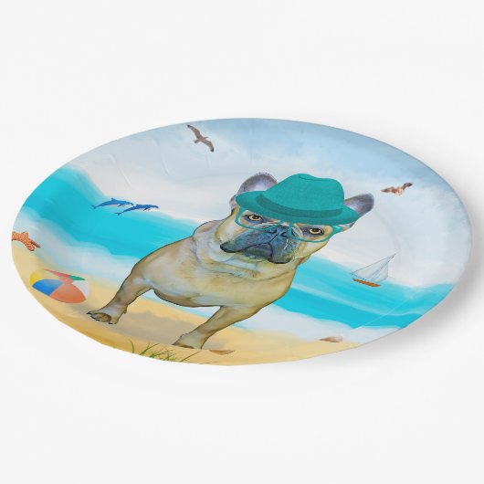 Franse Bulldog op Beach Papieren Bordje (Gekanteld)