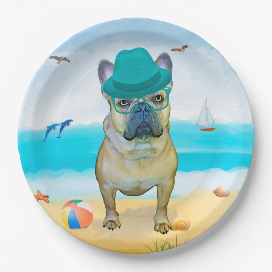 Franse Bulldog op Beach Papieren Bordje (Voorkant)