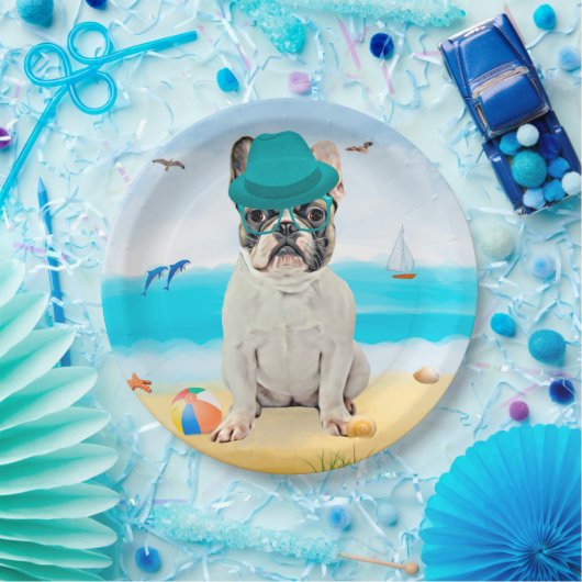 Franse Bulldog op Beach Papieren Bordje (Feest)
