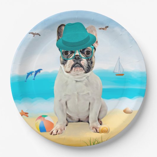 Franse Bulldog op Beach Papieren Bordje (Voorkant)