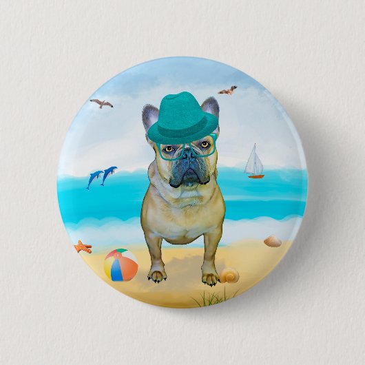 Franse Bulldog op Beach Ronde Button 5,7 Cm (Voorkant)
