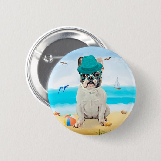 Franse Bulldog op Beach Ronde Button 5,7 Cm (Voorkant /achterkant)