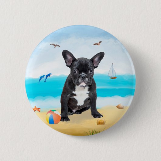 Franse Bulldog op Beach Ronde Button 5,7 Cm (Voorkant)