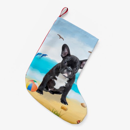 Franse Bulldog op Beach Sierkussen Kleine Kerstsok (Voorkant (Hangend))