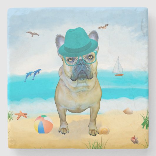 Franse Bulldog op Beach Stenen Onderzetter (Voorkant)