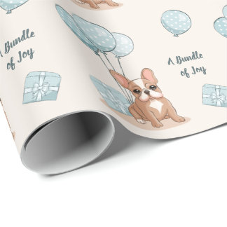 Franse Bulldog op Blauwe Ballon Jongens Baby Showe Cadeaupapier