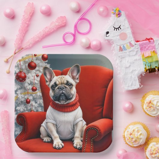 Franse Bulldog op een rode stoel Papieren Bordje (Feest)