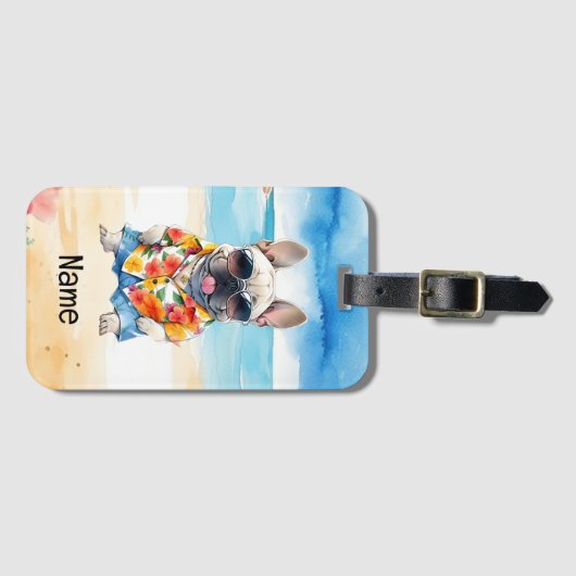 Franse Bulldog op het strand Bagagelabel (Voorkant (horizontaal))