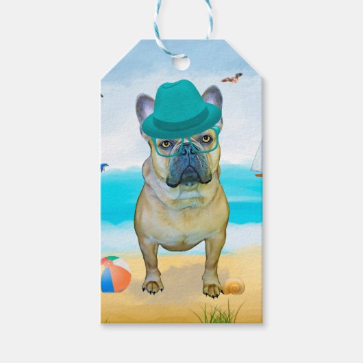 Franse Bulldog op het Strand Cadeaulabel (Voorkant)