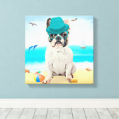 Franse Bulldog op het Strand Canvas Afdruk (Insitu (Houten vloer))