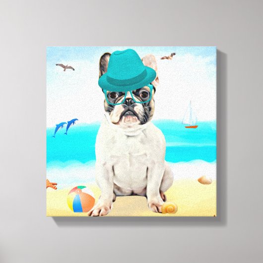 Franse Bulldog op het Strand Canvas Afdruk (Voorkant)