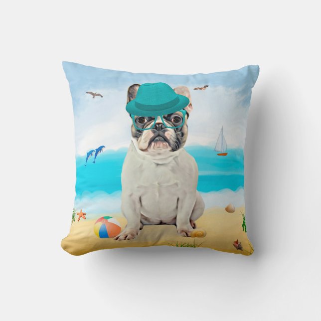 Franse Bulldog op het Strand Kussen (Voorkant)