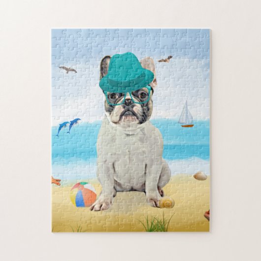 Franse Bulldog op het strand Legpuzzel (Verticaal)
