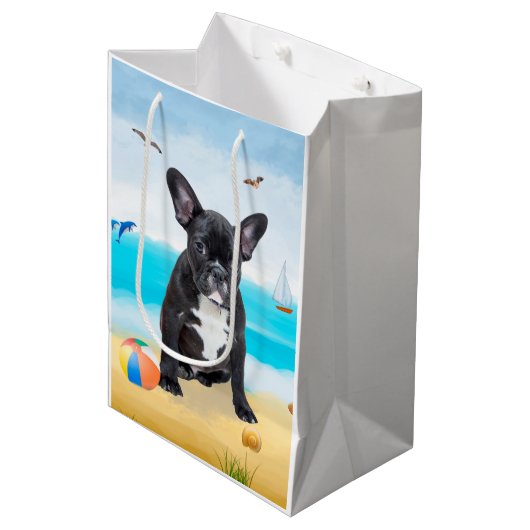 Franse Bulldog op het Strand Medium Cadeauzakje (Voorkant Gekanteld)