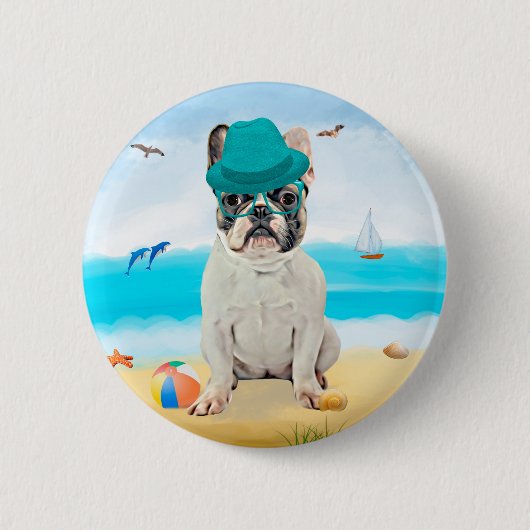 Franse Bulldog op het Strand Ronde Button 5,7 Cm (Voorkant)