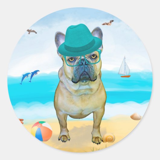 Franse Bulldog op het Strand Ronde Sticker (Voorkant)