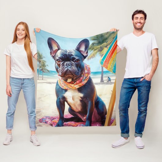 Franse Bulldog op het strand, zomercadeau voor hon Fleece Deken (In situ)