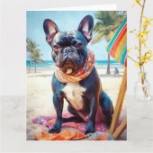 Franse Bulldog op het strand, zomercadeau voor hon Kaart (Gele Bloem)