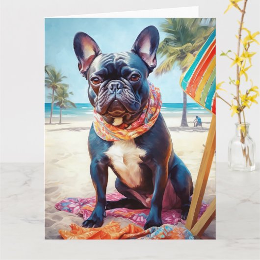 Franse Bulldog op het strand, zomercadeau voor hon Kaart (Gele Bloem)