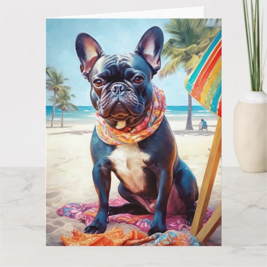 Franse Bulldog op het strand, zomercadeau voor hon Kaart (Voorkant)