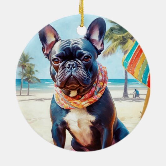 Franse Bulldog op het strand, zomercadeau voor hon Keramisch Ornament (Achterkant)