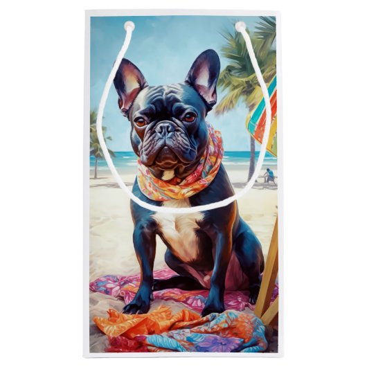 Franse Bulldog op het strand, zomercadeau voor hon Klein Cadeauzakje (Achterkant)