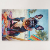Franse Bulldog op het strand, zomercadeau voor hon Legpuzzel (Horizontaal)