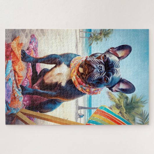 Franse Bulldog op het strand, zomercadeau voor hon Legpuzzel (Horizontaal)
