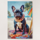 Franse Bulldog op het strand, zomercadeau voor hon Legpuzzel (Verticaal)