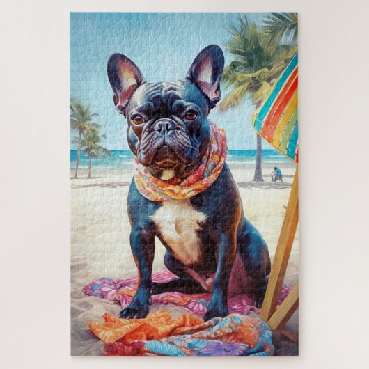 Franse Bulldog op het strand, zomercadeau voor hon Legpuzzel (Verticaal)