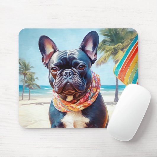 Franse Bulldog op het strand, zomercadeau voor hon Muismat (Met muis)