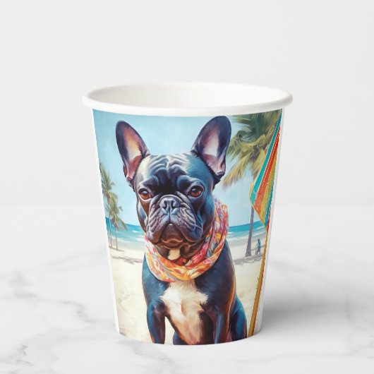 Franse Bulldog op het strand, zomercadeau voor hon Papieren Bekers (Achterkant)