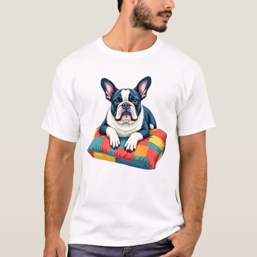 Franse Bulldog op kleurrijk kussen T-shirt - (Voorkant)