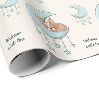 Franse Bulldog op Maan Blauw Baby Jongen Baby Show Cadeaupapier