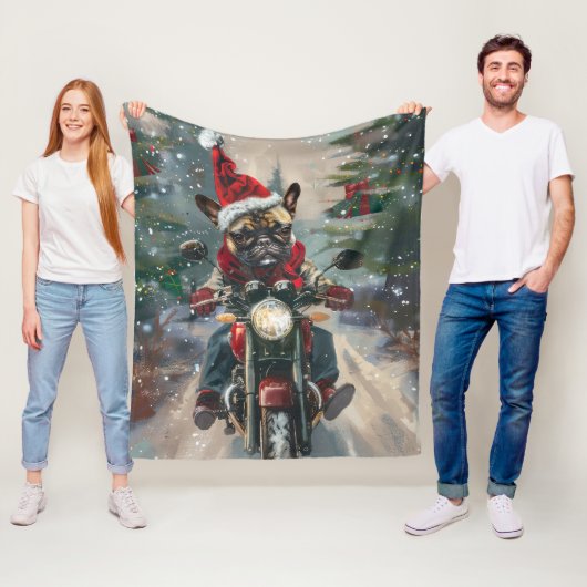 Franse Bulldog op Motorfiets Kerstmis Fleece Deken (In situ)