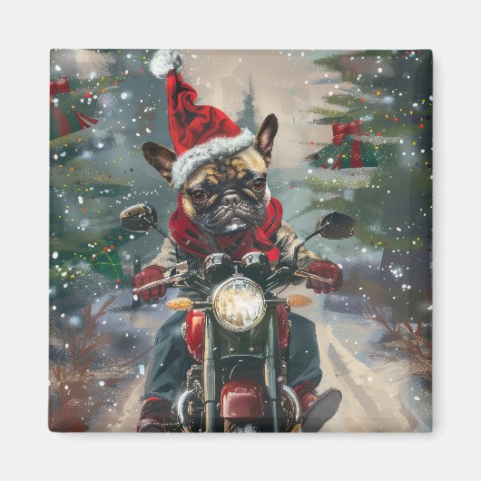 Franse Bulldog op Motorfiets Kerstmis Magneet (Voorkant)