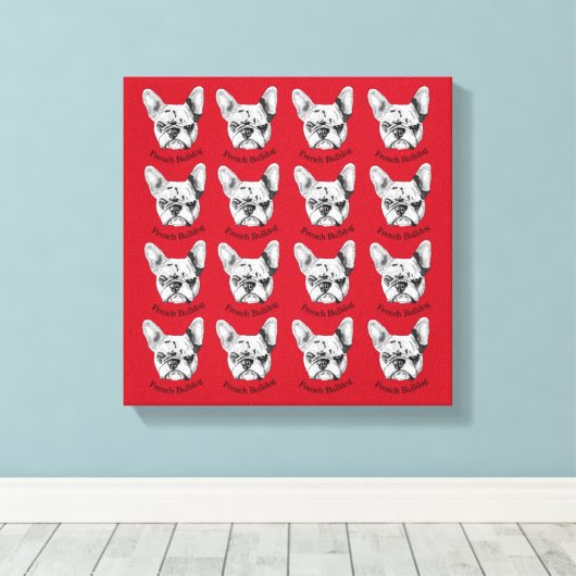 Franse Bulldog op red Stretched Canvas Print (Insitu (Houten vloer))