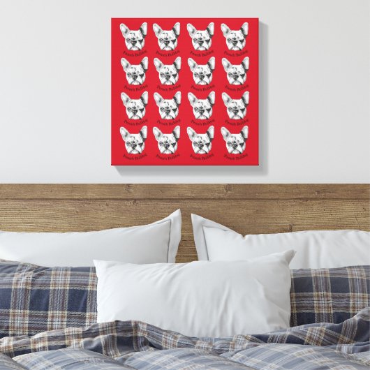 Franse Bulldog op red Stretched Canvas Print (Insitu (Slaapkamer))