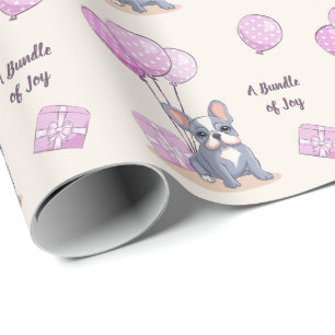 Franse Bulldog op Roze Ballon Meisje Baby Shower Cadeaupapier
