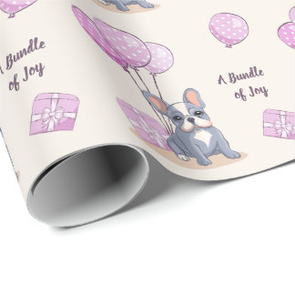 Franse Bulldog op Roze Ballon Meisje Baby Shower Cadeaupapier