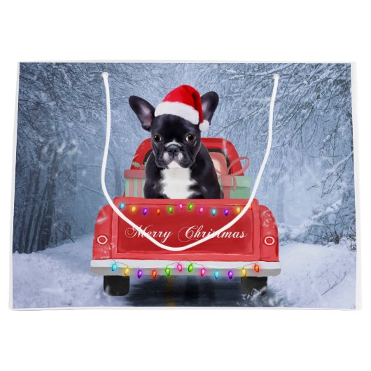 Franse Bulldog op sneeuw tijdens de kerstmis Groot Cadeauzakje (Voorkant)