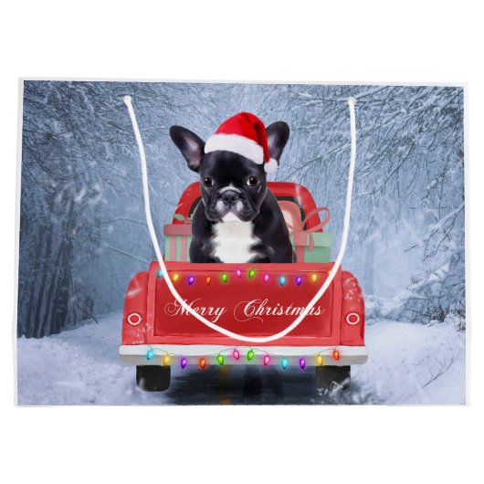 Franse Bulldog op sneeuw tijdens de kerstmis Groot Cadeauzakje (Achterkant)