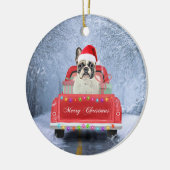 Franse Bulldog op sneeuw tijdens de kerstmis Keramisch Ornament (Links)