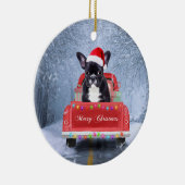 Franse Bulldog op sneeuw tijdens de kerstmis Keramisch Ornament (Rechts)