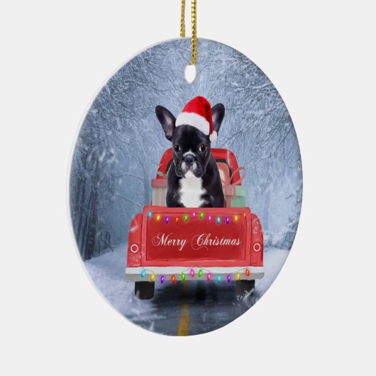 Franse Bulldog op sneeuw tijdens de kerstmis Keramisch Ornament (Rechts)