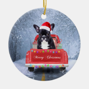 Franse Bulldog op sneeuw tijdens de kerstmis Keramisch Ornament